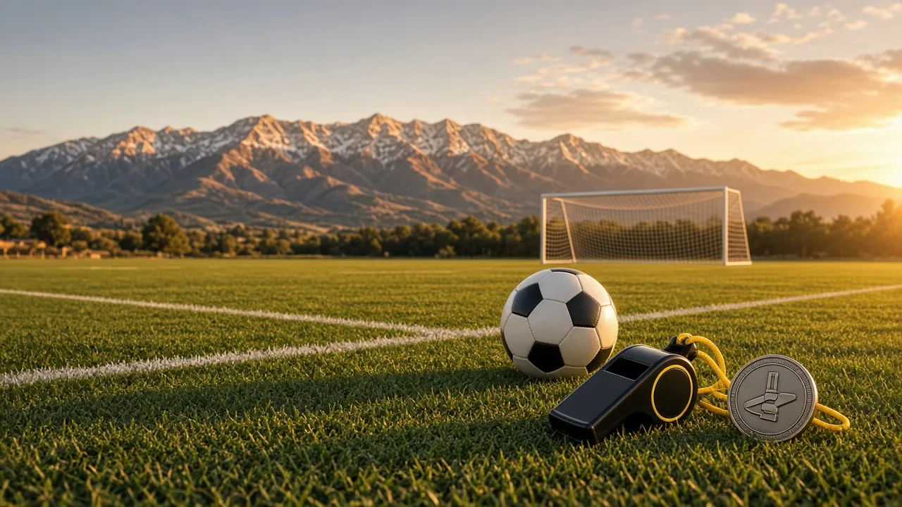 Soccer ball, referee whistle, and toss coin on a Utah pitch with the Wasatch Range at sunset