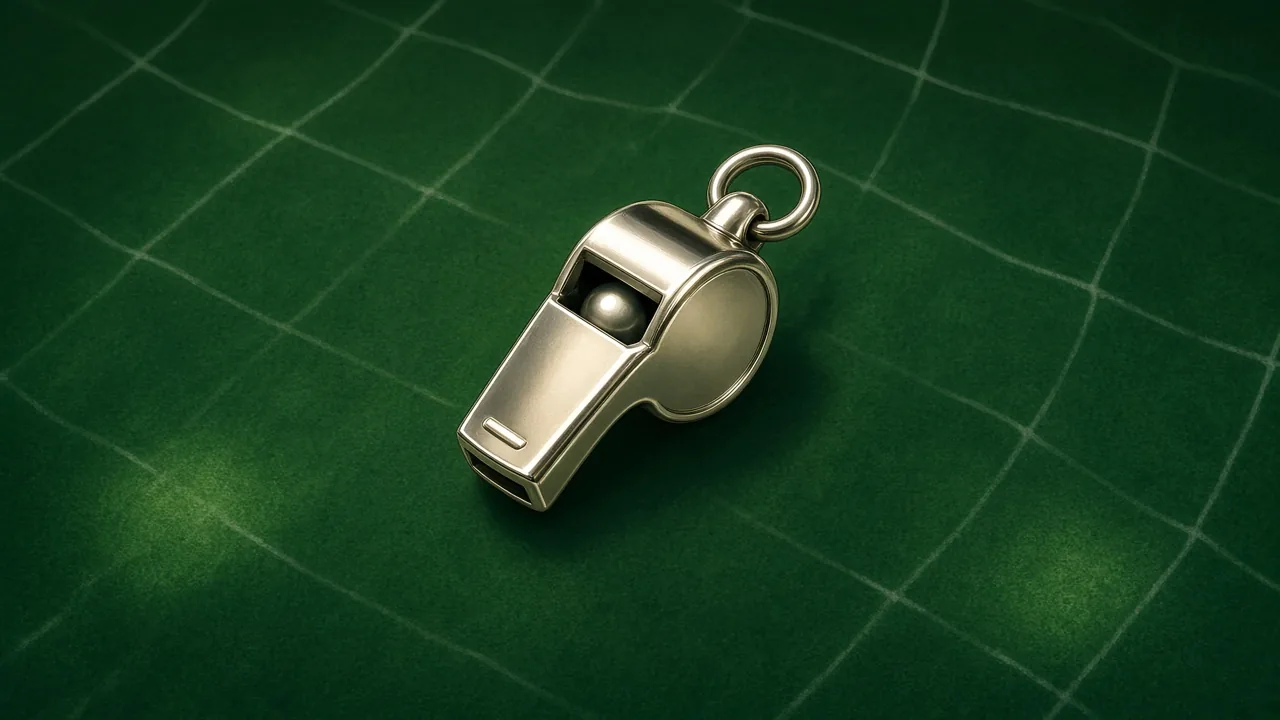Referee whistle on a green pitch grid